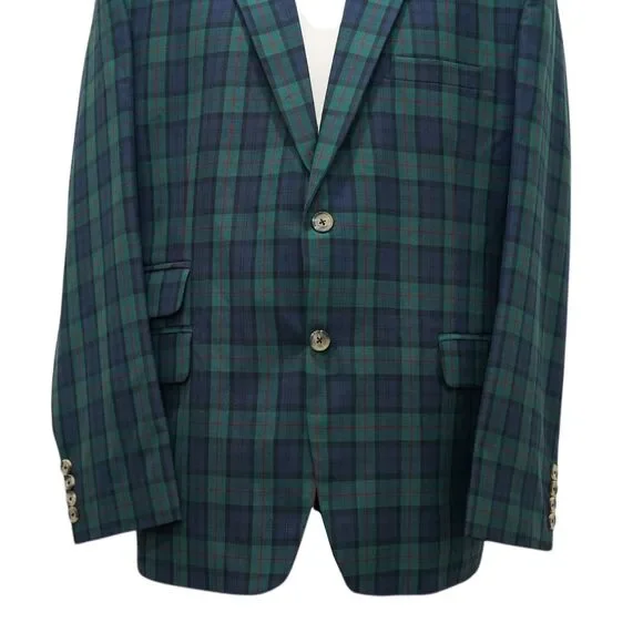 Mens 48R Tartan Plaid Blazer Sport Coat Navy Green Cotton Preppy Formal